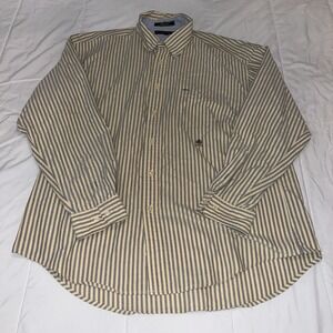 VTG 90s Tommy Hilfiger Long Sleeve Button Up Shirt Yellow Navy Blue Stripes XL